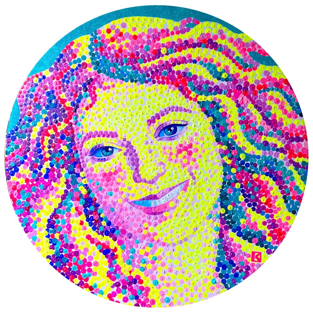 close up of a smiling girl, pointillism tecnique and pop-art patterns