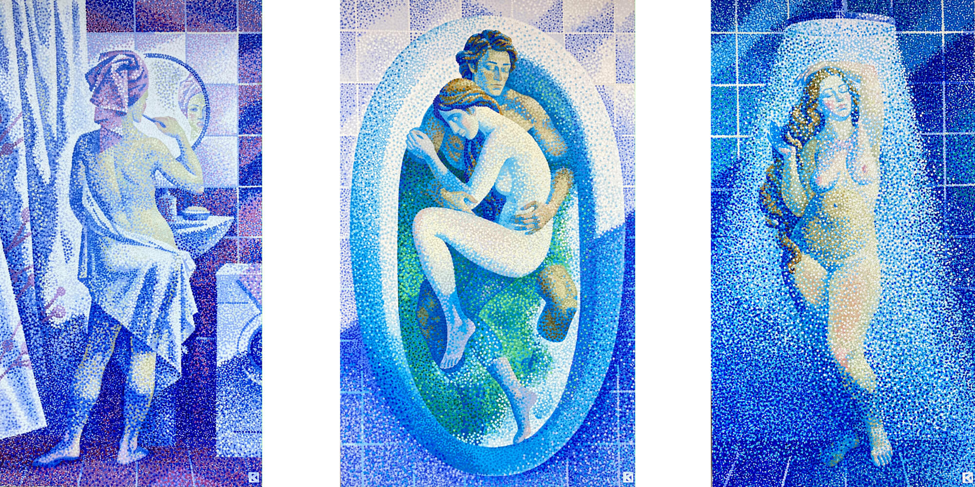 triptych in pointillism technique. Neoclassical plastic of human figures and harmonic sensations.