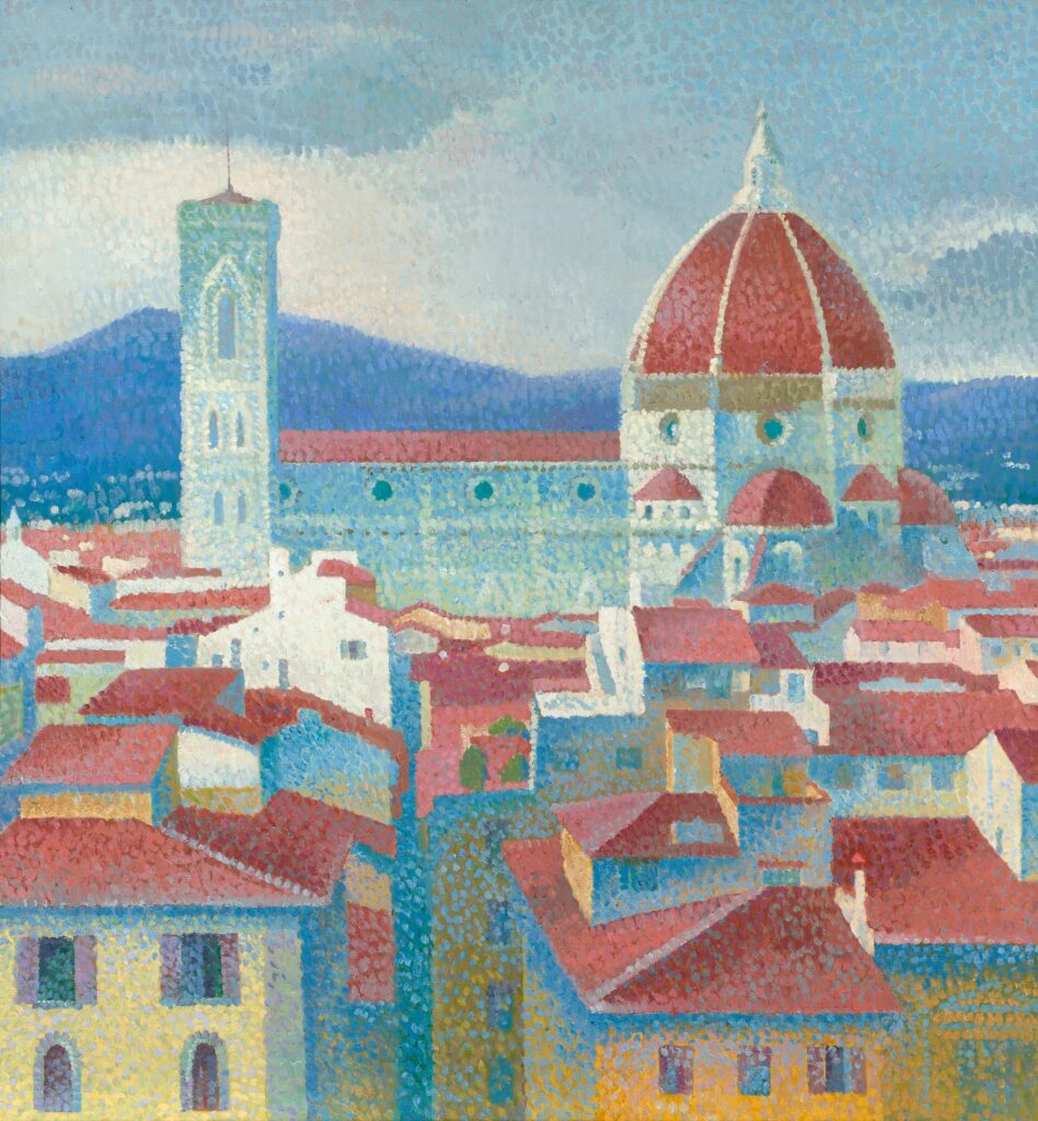 Scenery of Florence Cathedra in the morning from the high, Khaki, olive and Monaco patterns, tecnique of italian divisionism with vertical strokes