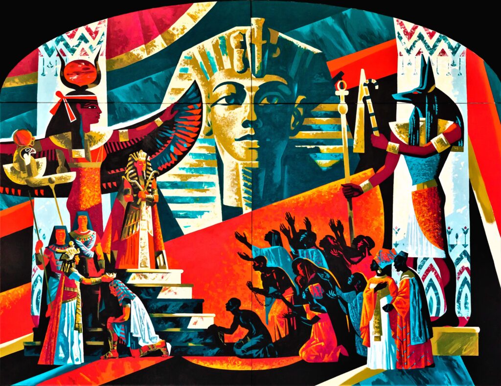 the pharaoh, the pharaoh's mask, a group of slaves and Anubis and Isis/Osiris