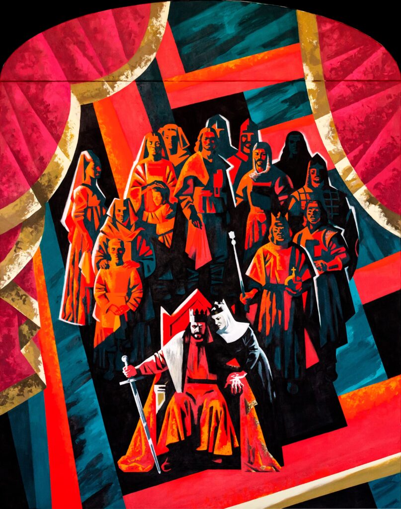 the king on the throne, holding a sword and suggested by a queen dressed as a nun, sorrounded by nobile people