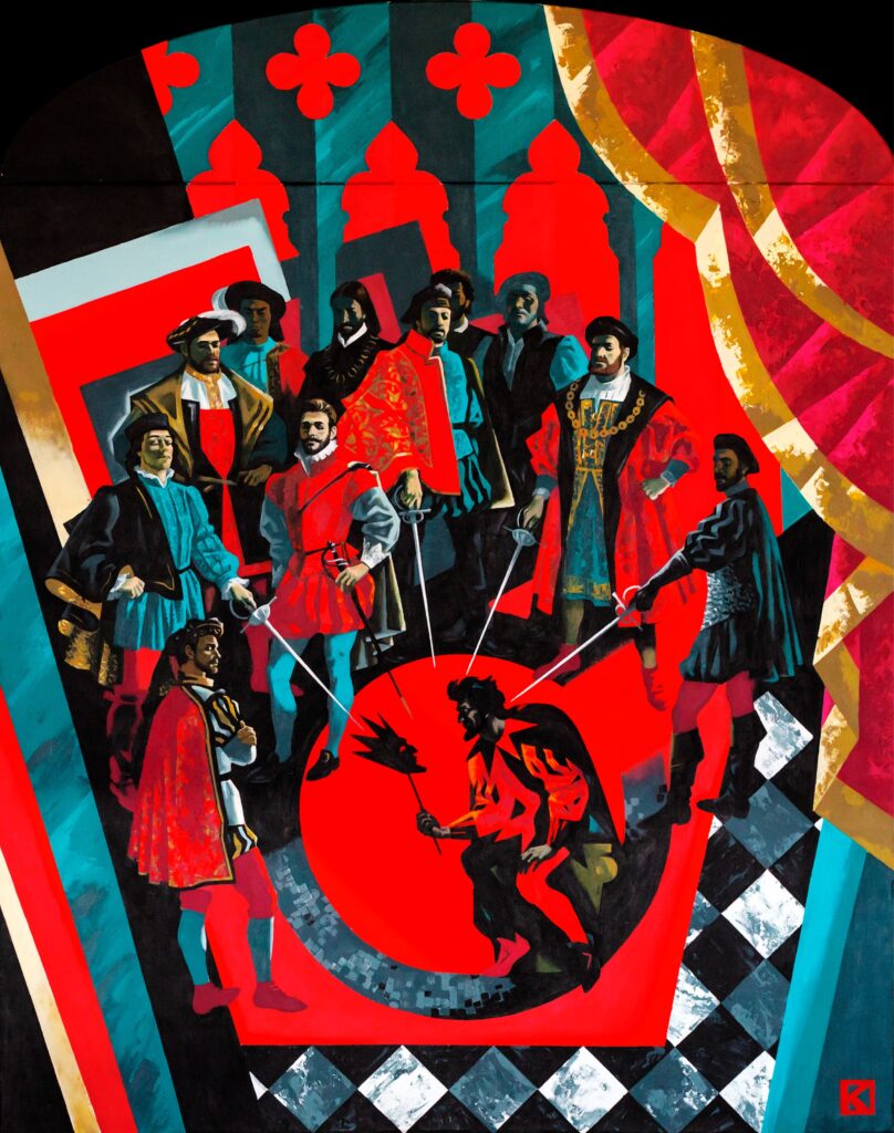 a men holding a face surrounded by a group of man pointing the swords at him