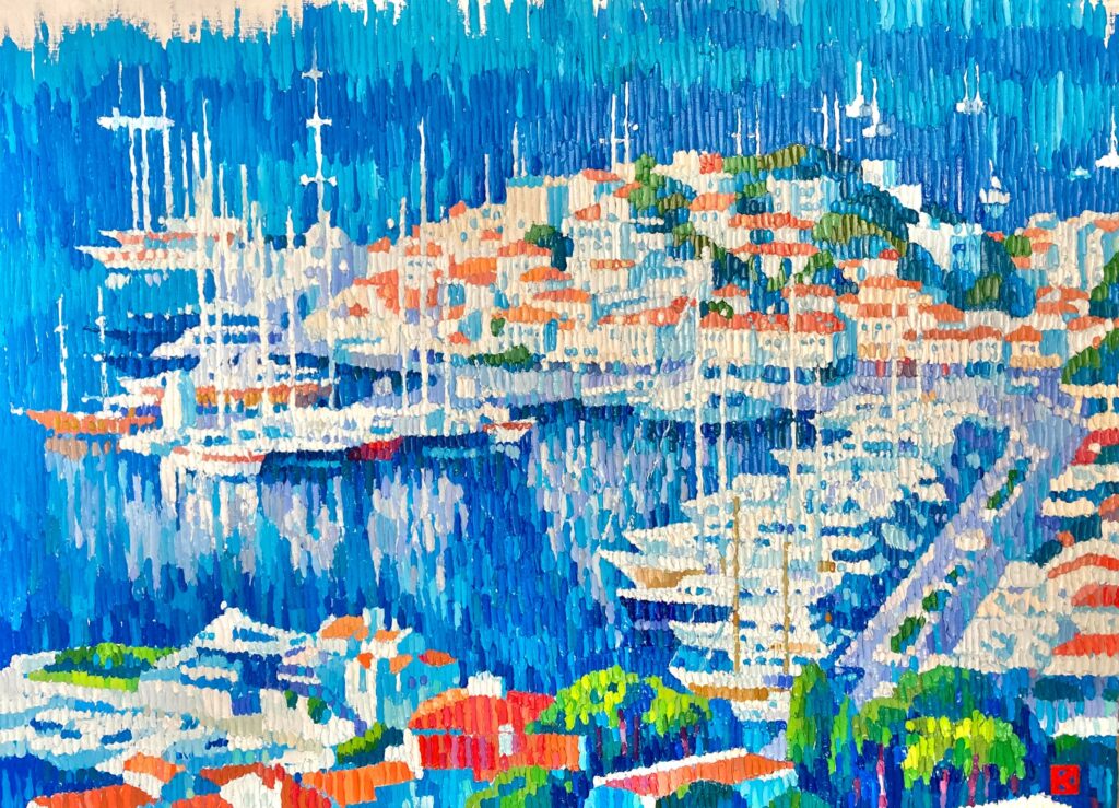 scenery view of Marrmaris' port, in pointillism and ultramarine blue