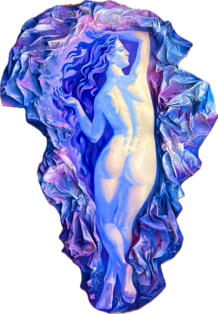 A dreamlike, mixed-media portrayal of the feminine form rendered in luminous blues and violets, blending classical elegance with contemporary texture and movement.