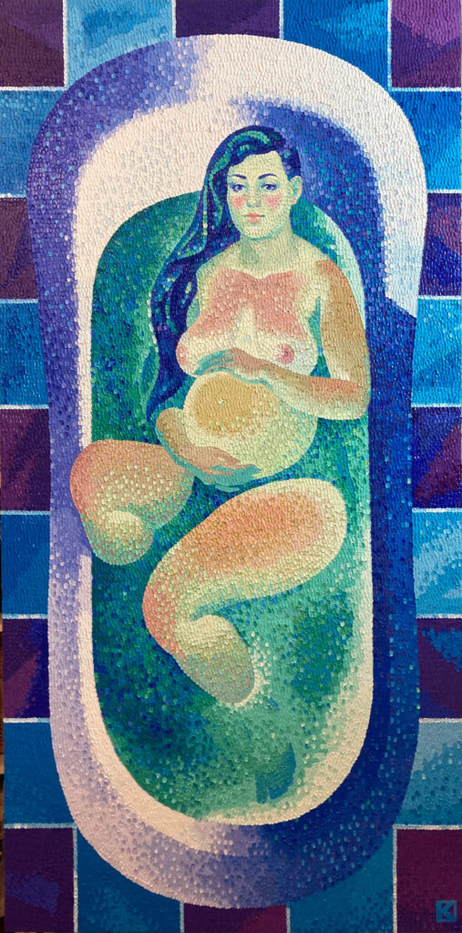 Modern abstract artwork depicting a pregnant female figure in blue and green tones, symbolizing fertility, motherhood, and creation.