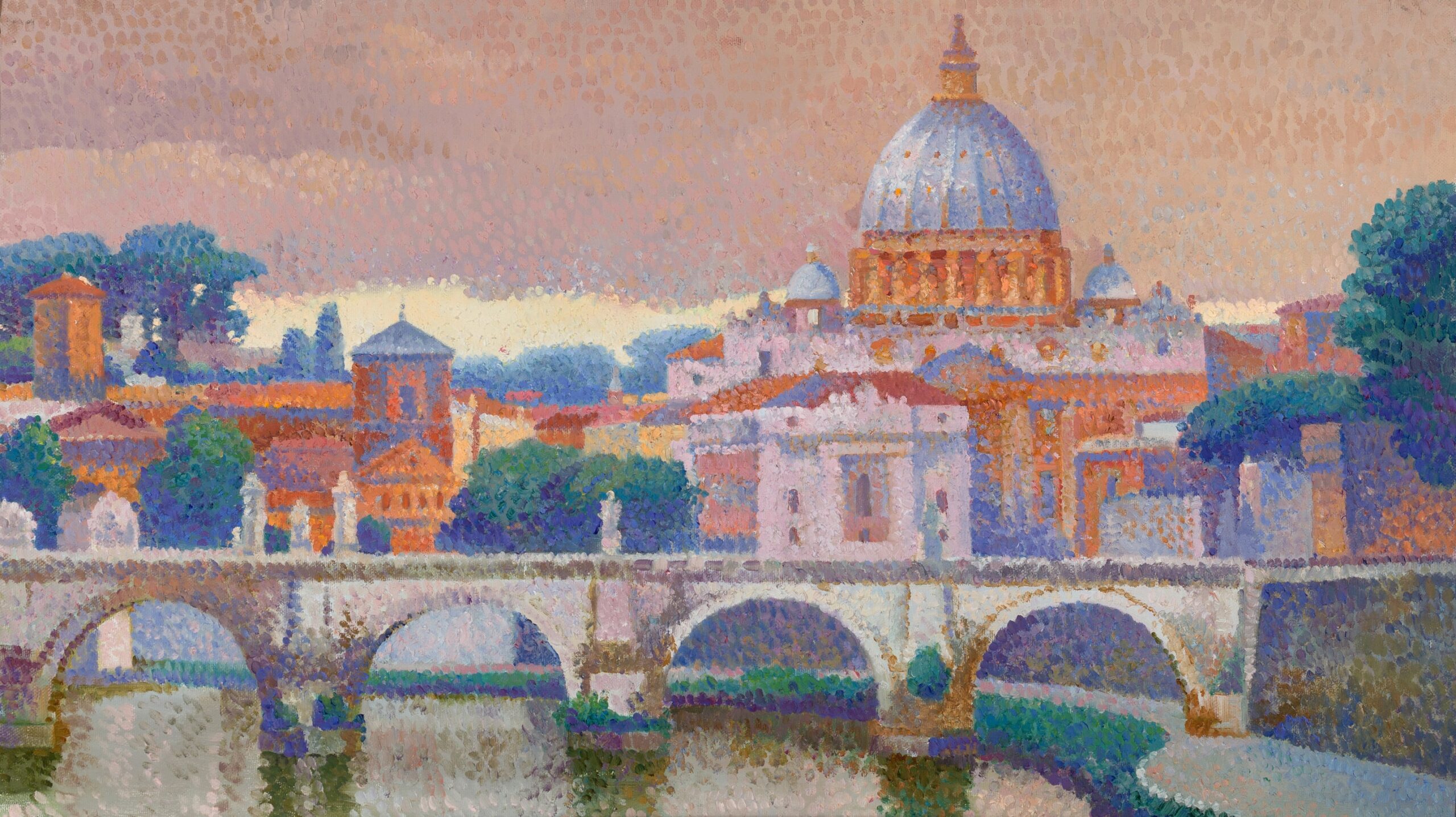 Scenery of Rome- Vatican Cathedral in the morning from the river Tiber. Salmon, and godlfish patterns, tecnique of Pointillism