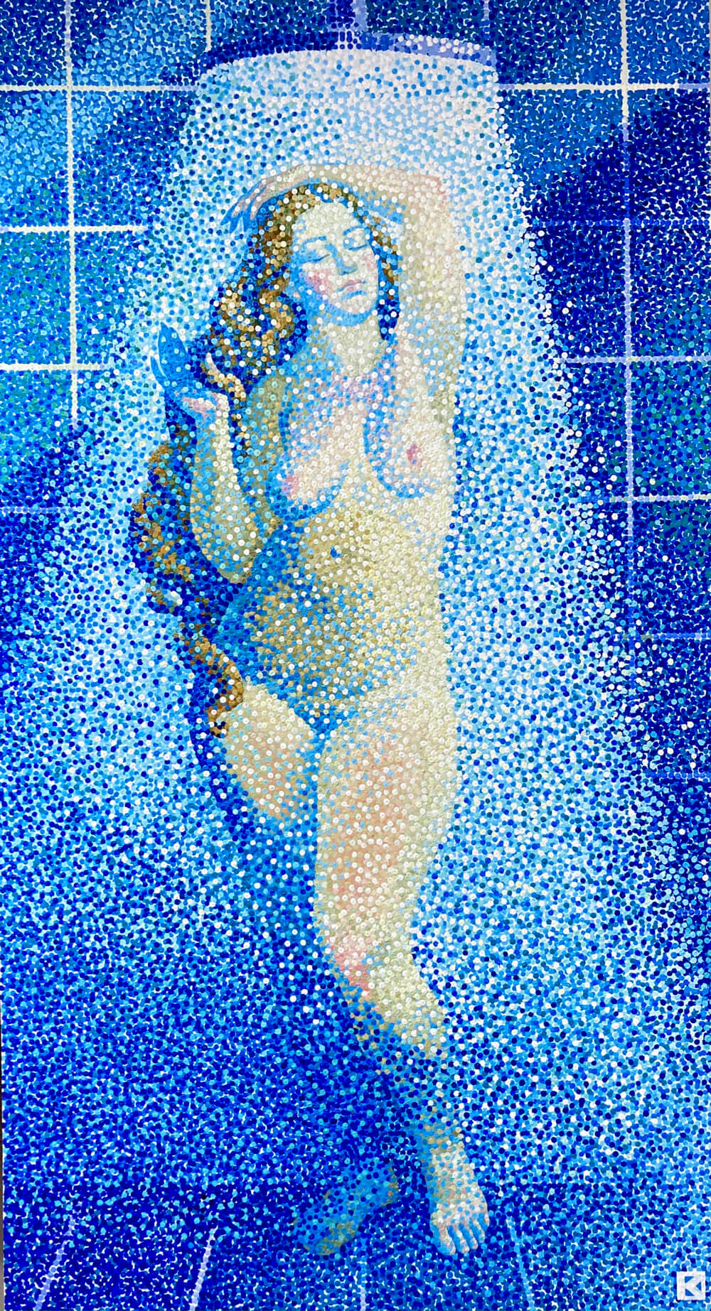 a pregnant lady under the shower in a classical pose. The water falls gently creating a mist where gently the shape appear in a classical plastic. The tecnique is of french pointillism and the main patterns are blue, white and bisque