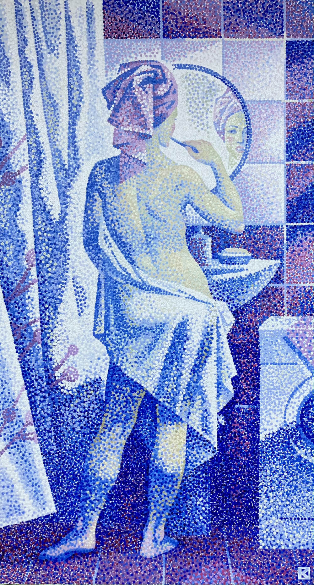 A young lady ina classical plastic, is wrapped in a towel brushes her teeth before a mirror, rendered in a pointillist style with a palette of iris and purple.