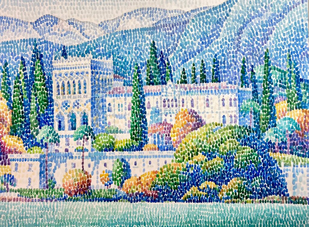 view of villa borghese from the lake in pointillist style