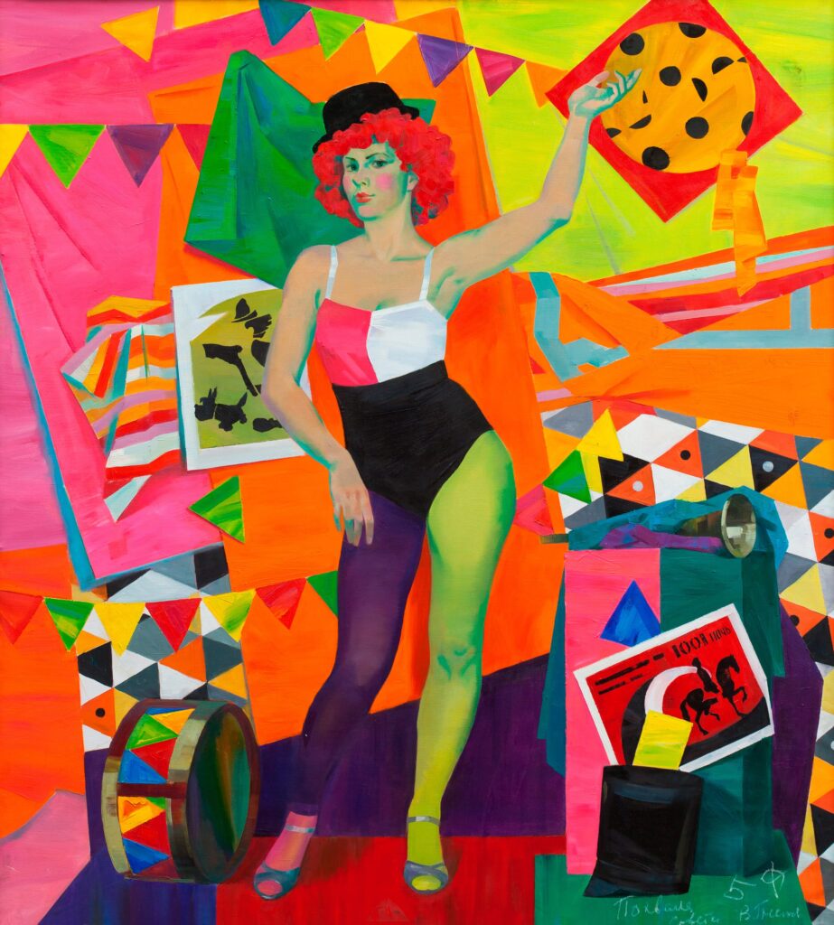 artista circense su sfondo multicolor