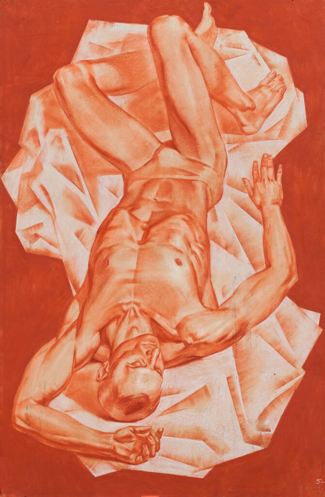 Uomo nudo sdraiato visto dalla testa in prospettiva