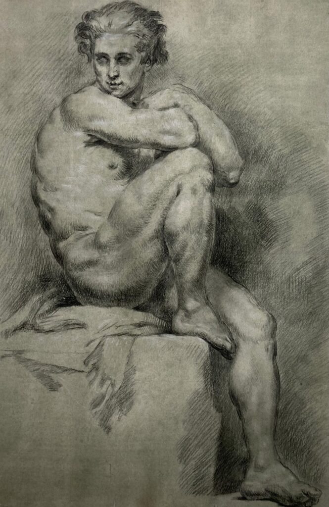 Uomo muscoloso seduto. Disegno a carboncino