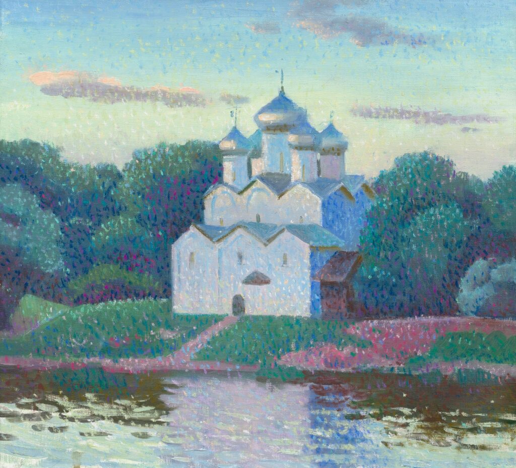 orthodox white church among pines and a river in foreseen