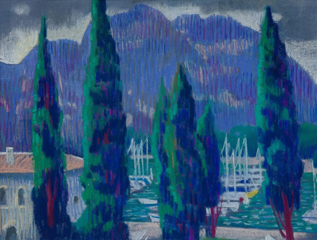 pines in front of the lake, boats and the mountain on baground. Dark and cloudy sky