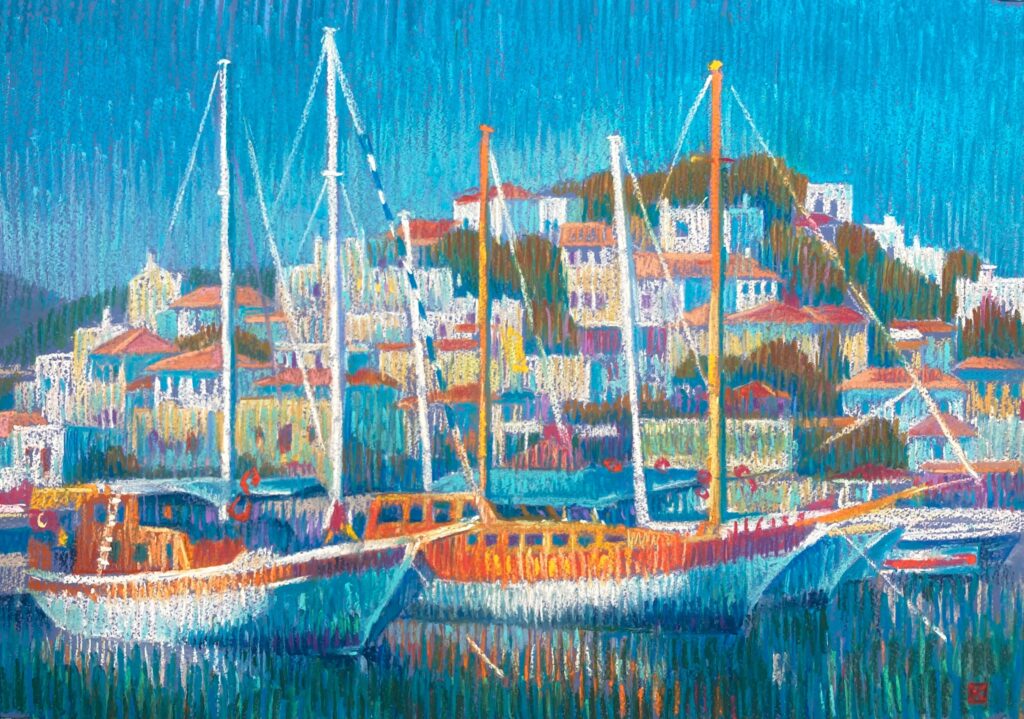 an harbour and an houses from the water. Colorful