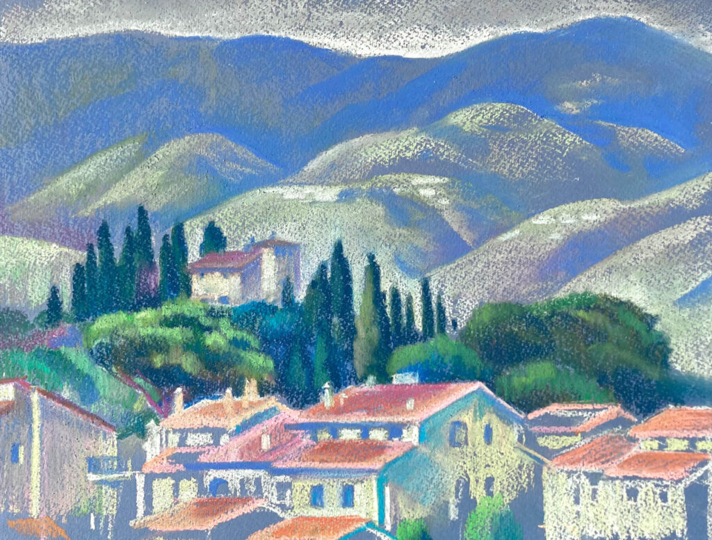 foreground of housing. on the back a mansion among the trees on the hills of tuscany and Appennines on the back. Pastel tecnique, and palette of greys mainly, forest green and amaranth and carnato housing