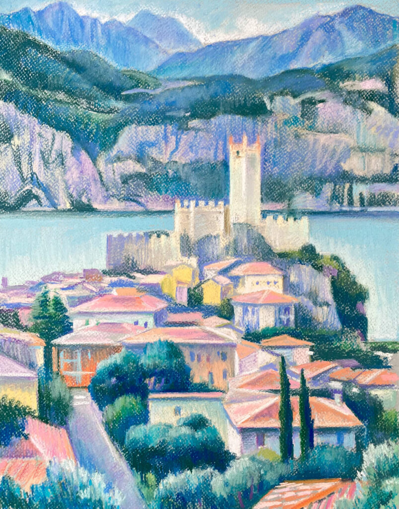 view of mancesine castle from top hill. The garta lake is on the back sorrounded by mountains. Pastel tecnique, palette of pearl, carnation and sacramento green