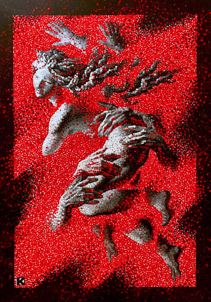 A dynamic pointillist artwork shows overlapping grayscale human figures twisting and reaching across a vivid red background. Multiple disembodied hands grasp and push the bodies, creating a sense of motion, tension, and possession. The surface is built from dense, raised dots, giving the acrylic composition a tactile, high-relief texture.