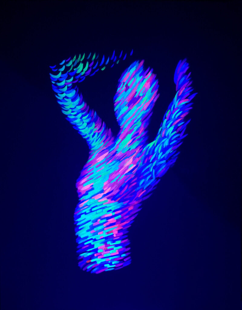 An abstract, biomorphic body emerges from a blue background, composed of dense, luminous strokes in blue, green, and pink. The fragmented, digital texture suggests motion and touch while remaining partially dissolved, evoking themes of virtual presence, connection, and disembodied interaction. The composition remind of a woman dencing with her hands on her head