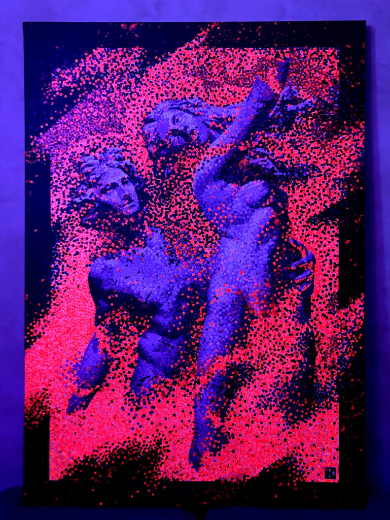 A dynamic pointillist artwork shows overlapping grayscale tribute to Bernini Cupid and Daphne. The surface is built from dense, raised dots, giving the acrylic composition a tactile, high-relief texture. Under UV lights the grey gets darker and the red is lightened