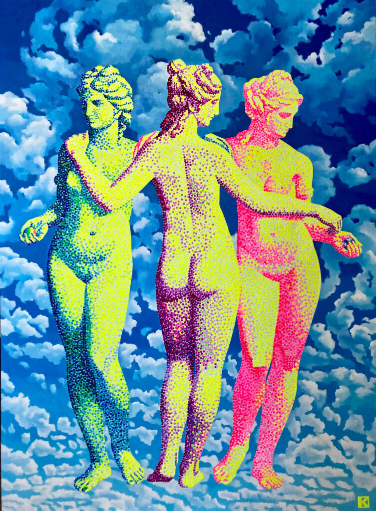 A contemporary pointillist painting reinterprets the Three Graces as three nude classical female figures standing side by side, their arms gently linked. The figures are rendered in fluorescent yellow, green, pink, and purple dots, creating a vibrant, textured surface. They stand against a dramatic blue sky filled with soft, layered clouds, blending classical sculpture forms with pop-art color intensity and a luminous, modern aesthetic.