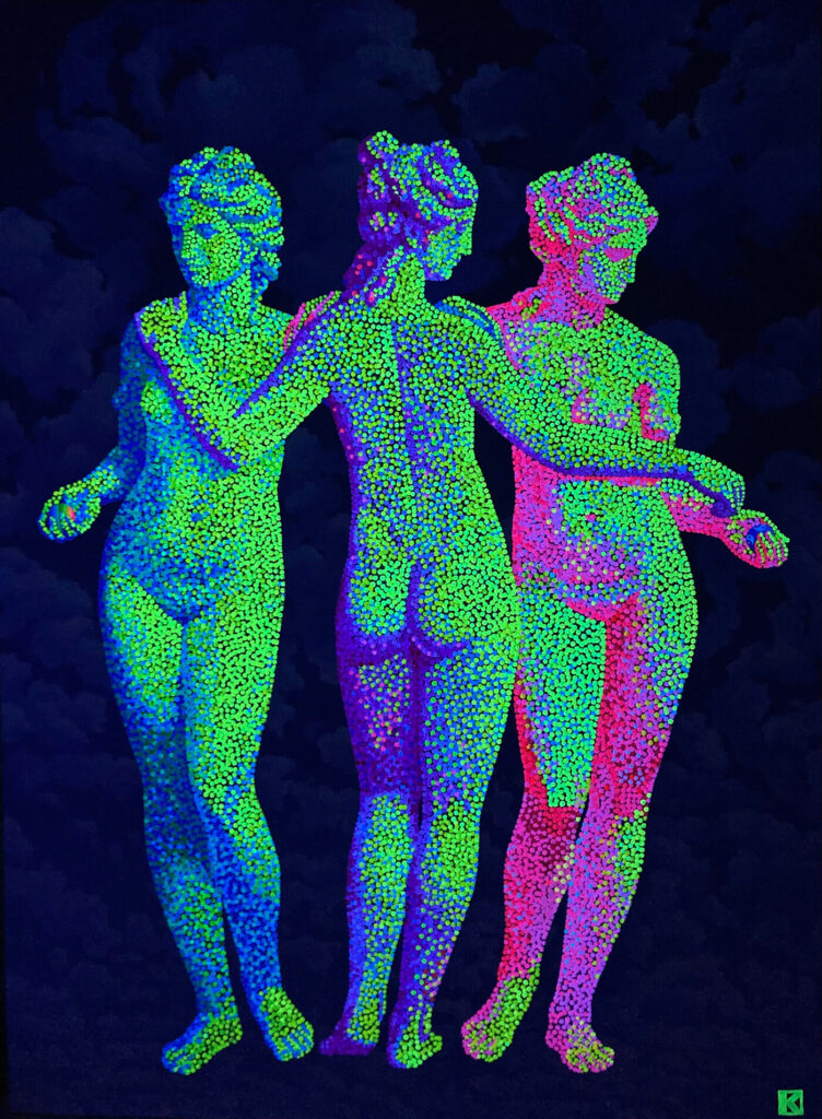 A contemporary pointillist painting reinterprets the Three Graces as three nude classical female figures standing side by side, their arms gently linked. The figures are rendered in fluorescent yellow, green, pink, and purple dots, creating a vibrant, textured surface. They stand against a dramatic blue sky filled with soft, layered clouds, blending classical sculpture forms with pop-art color intensity and a luminous, modern aesthetic. Under UV light the backgrtound becomes dark and the 3 graces are lightened