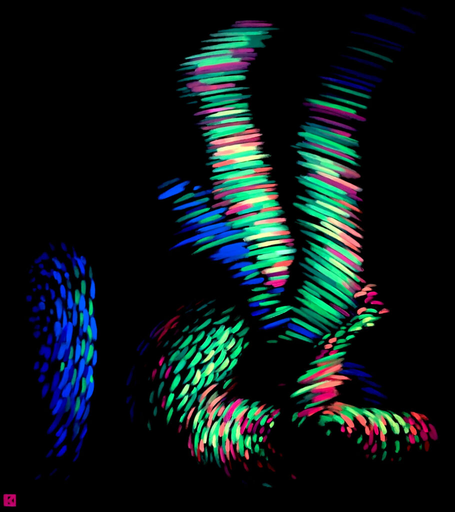 An abstract, biomorphic body emerges from a black background, composed of dense, luminous strokes in blue, green, and pink. The fragmented, digital texture suggests motion and touch while remaining partially dissolved, evoking themes of virtual presence, connection, and disembodied interaction of a woman held from the legs by 2 masculine hands.