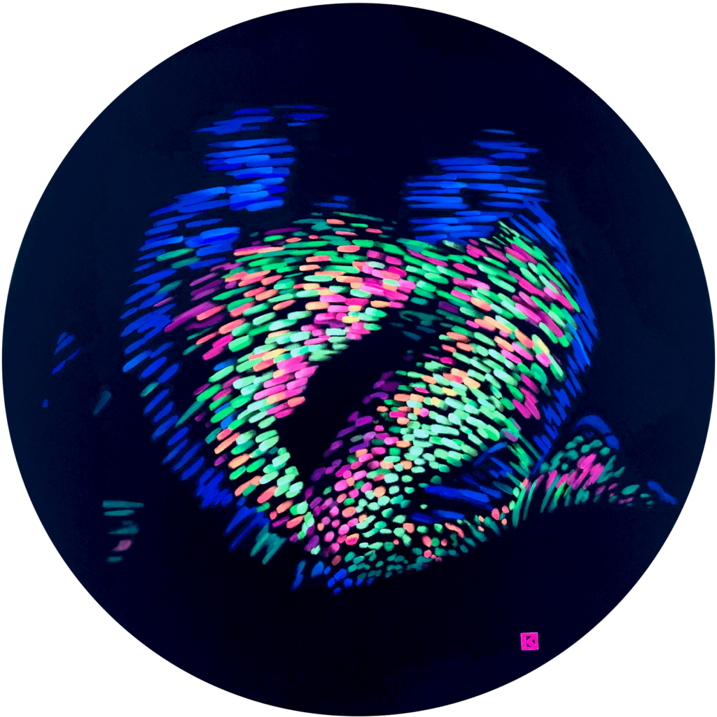 An abstract, biomorphic body emerges from a black background, composed of dense, luminous strokes in blue, green, and pink. The fragmented, digital texture suggests motion and touch while remaining partially dissolved, evoking themes of virtual presence, connection, and disembodied interaction of a woman held from the aboveby 2 masculine arms.