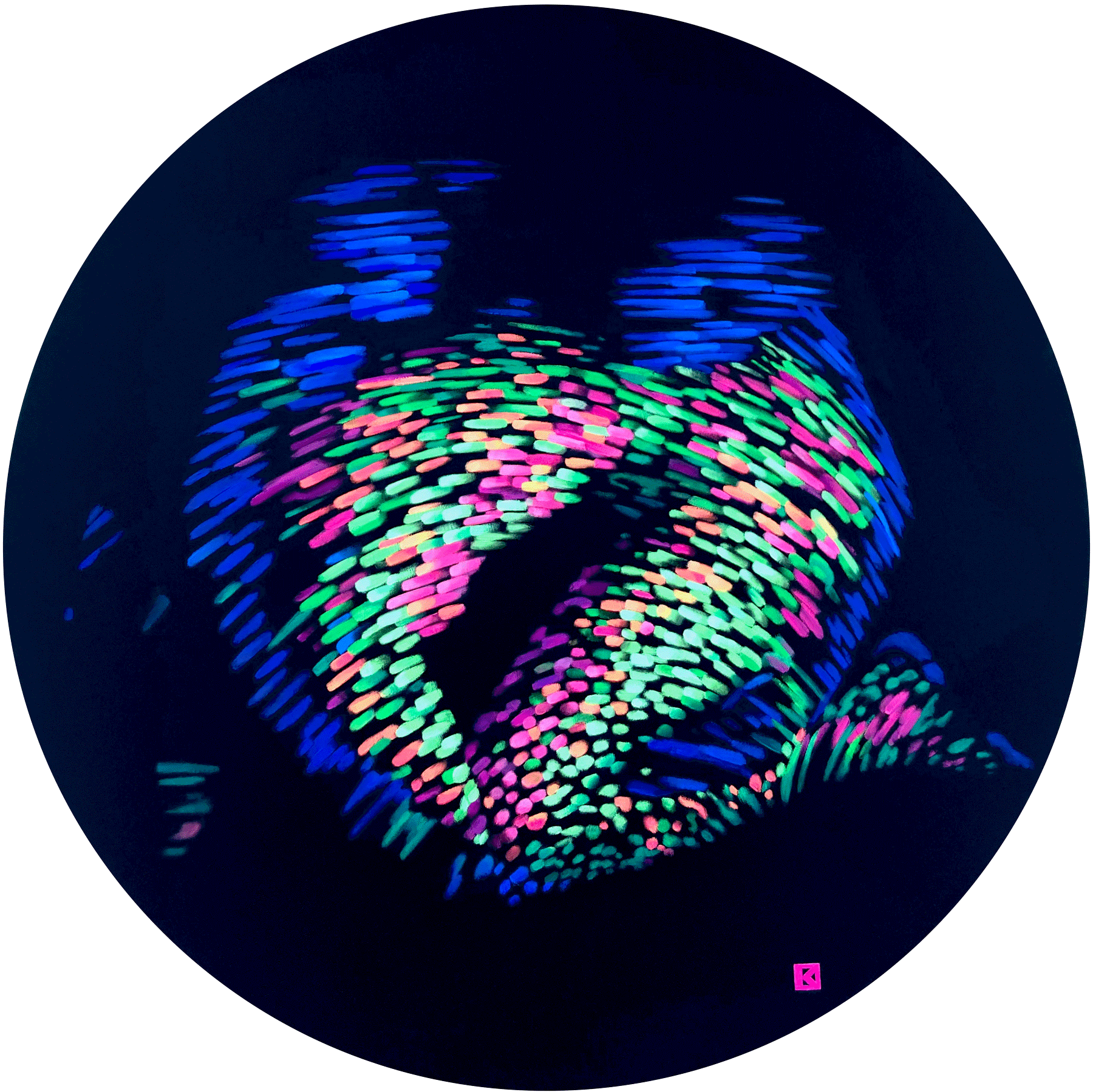 An abstract, biomorphic body emerges from a black background, composed of dense, luminous strokes in blue, green, and pink. The fragmented, digital texture suggests motion and touch while remaining partially dissolved, evoking themes of virtual presence, connection, and disembodied interaction of a woman held from the aboveby 2 masculine arms.