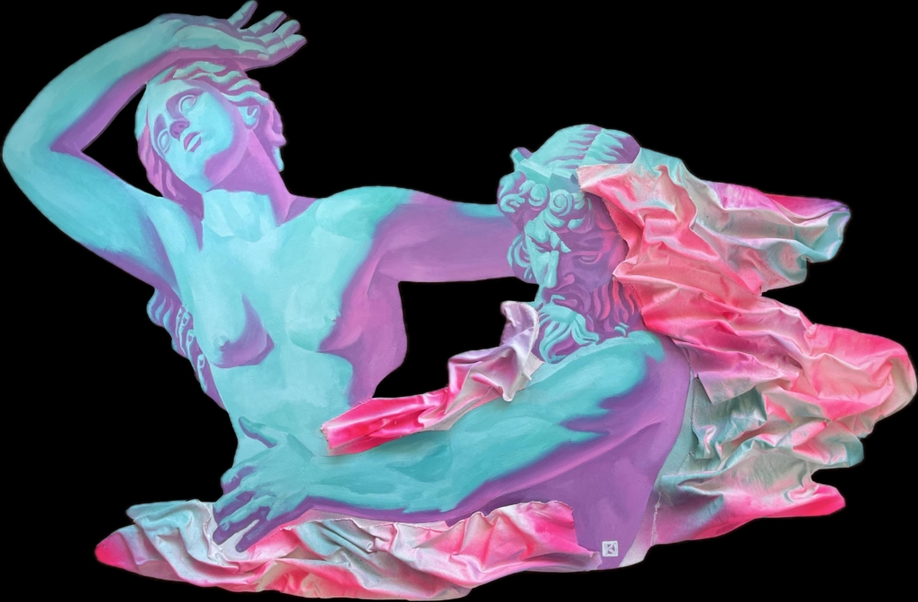 A contemporary pop art reinterpretation of Gian Lorenzo Bernini's baroque sculpture, 'The Rape of Proserpina.' The piece depicts the mythological abduction of Proserpina by Pluto, rendered in a striking neon palette of teal, purple, and pink.