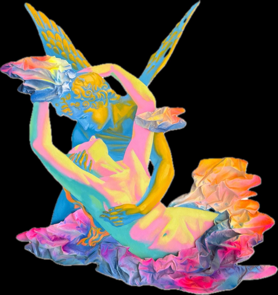 A contemporary pop art reimagining of the neoclassical sculpture 'Psyche Revived by Cupid's Kiss.' The mythological figures Cupid and Psyche are depicted in a loving embrace, rendered in a vibrant, psychedelic palette of glowing neon pink, yellow, and blue against a stark white background.