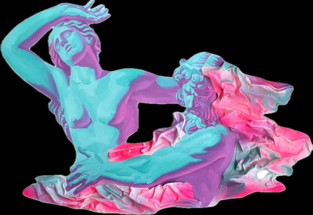A contemporary pop art reinterpretation of Gian Lorenzo Bernini's baroque sculpture, 'The Rape of Proserpina.' The piece depicts the mythological abduction of Proserpina by Pluto, rendered in a striking neon palette of teal, purple, and pink.