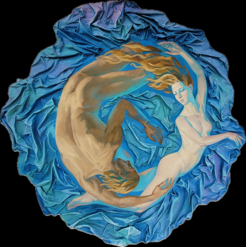 circular mixed-media painting of two nude figures entwined in blue tones, representing harmony, movement, and the cycle of life