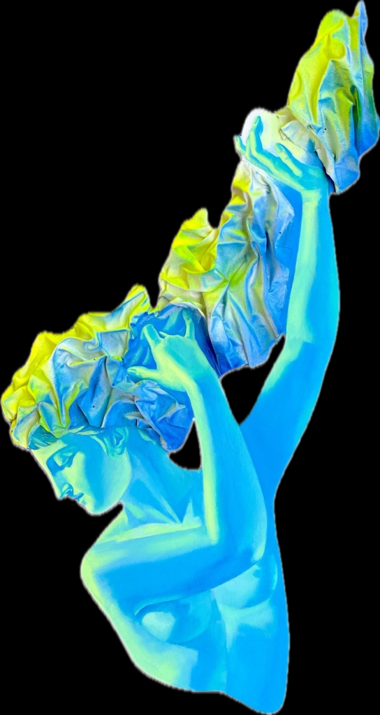 Ellenistic scuplture revisited by the artist with ultramarine blue and yellow fluo. The represented lady is gently holding her hairs that have three-dimensional texture and recall the memories af a past time