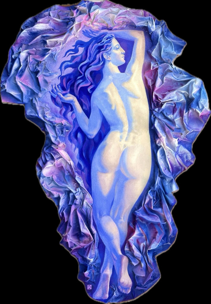 A dreamlike, mixed-media portrayal of the feminine form rendered in luminous blues and violets, blending classical elegance with contemporary texture and movement.