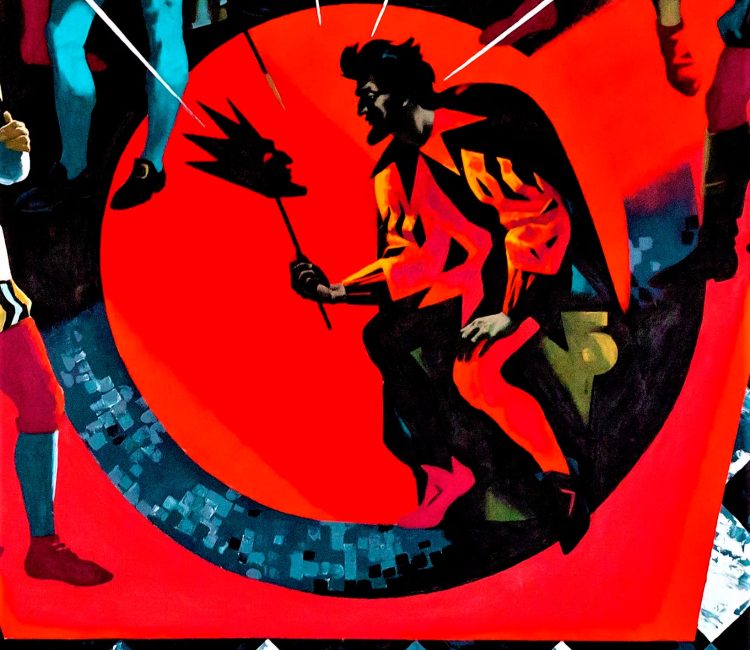 a men holding a face surrounded by swords pointed at him